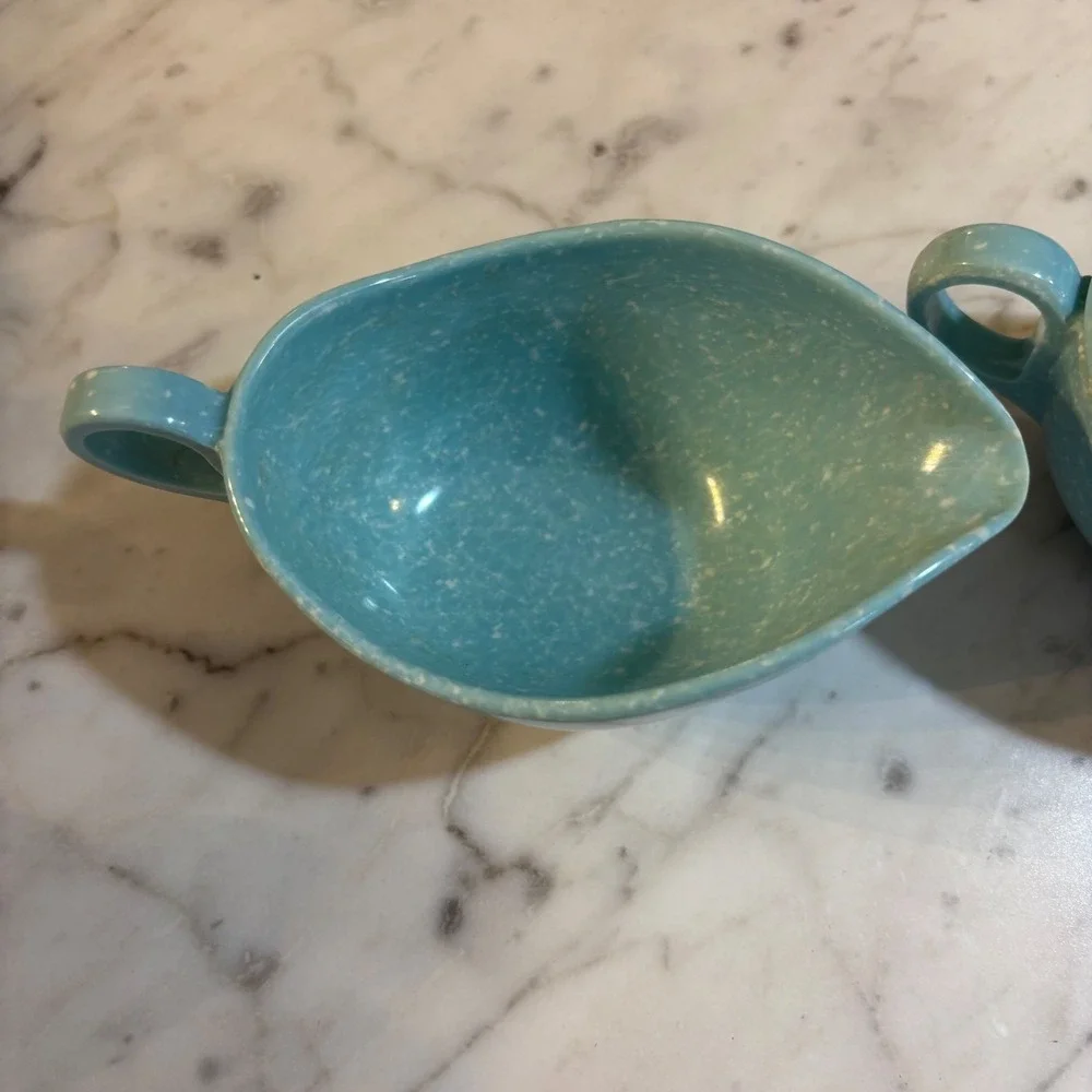Vintage MCM Turquoise Blue Confetti Melmac Sugar Bowl and Creamer Set Speckled